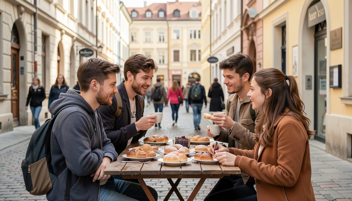 Budget travelers share a simple snack on a Prague side street. Illustrative image, generated with AI.