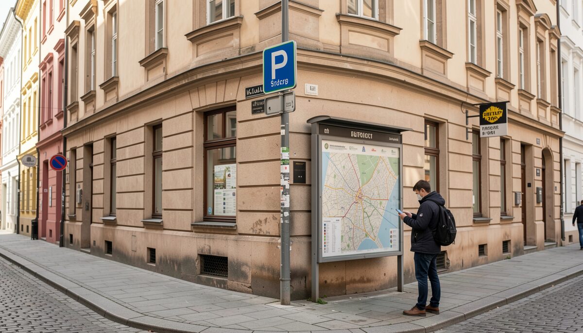 Prague street corner with a tram stop sign, a public map board and a traveler checking a phone. Illustrative image, generated with AI.