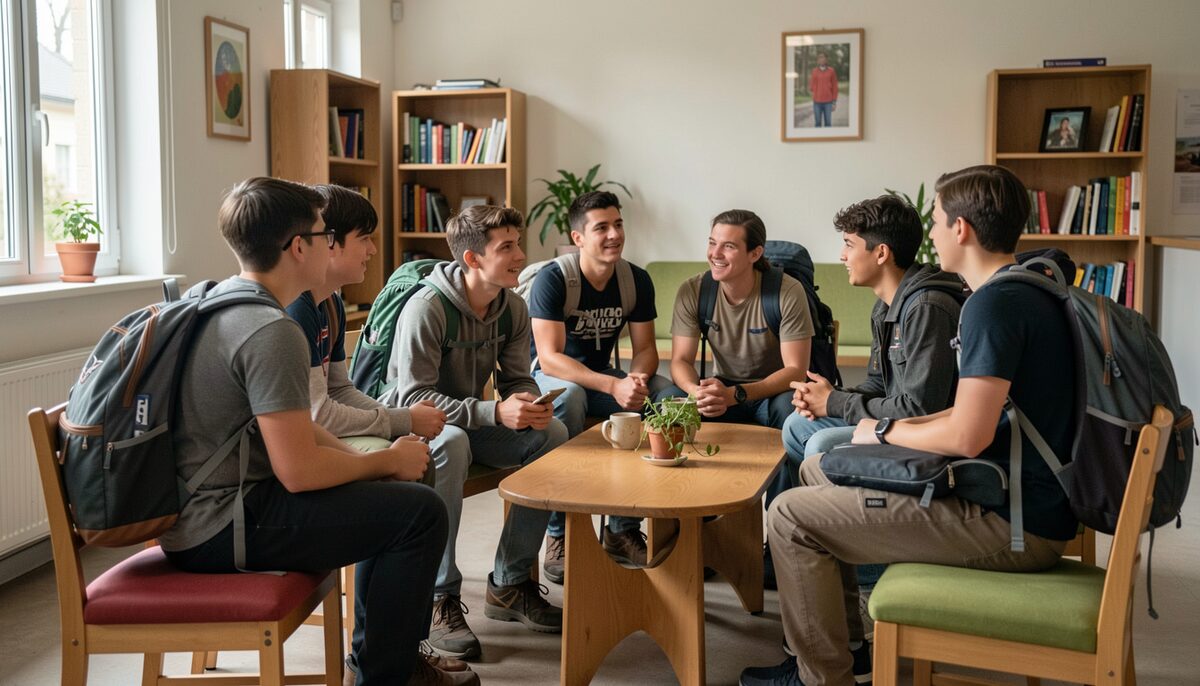 Group of young travellers with bags talking with a hostel staff member in a simple lobby seating area. Illustrative image, generated with AI.