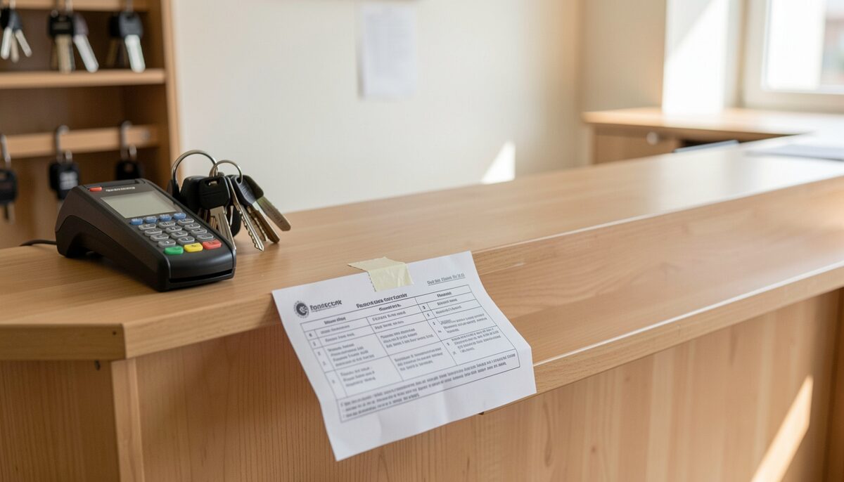Hostel reception desk with a card terminal, key rack and a printed policy sheet taped to the counter. Illustrative image, generated with AI.
