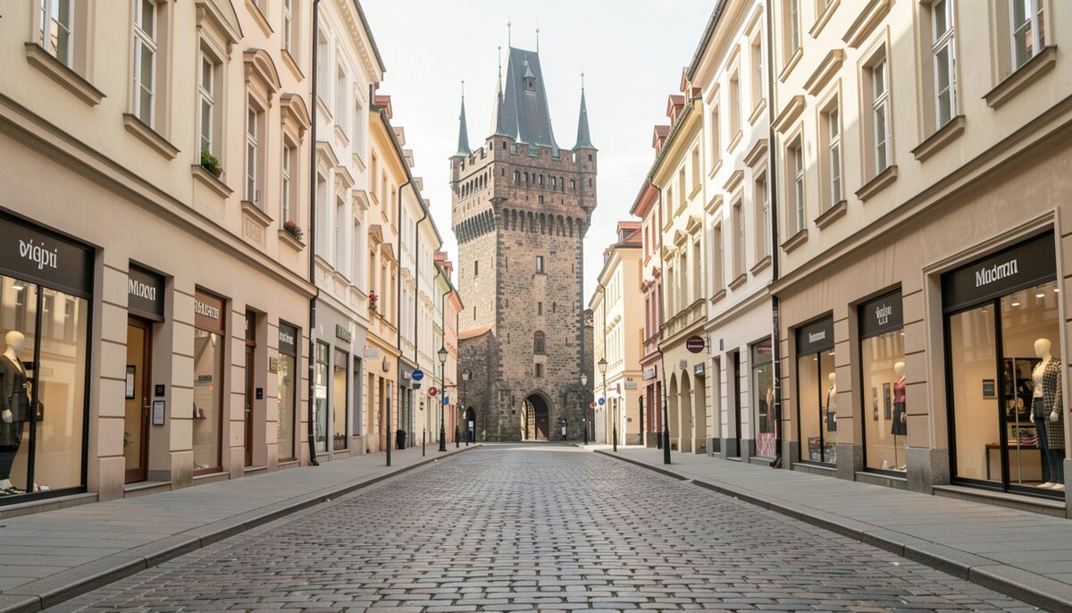 Cobbled Prague street where a medieval tower closes the vista and modern shopfronts line the ground floor. Illustrative image, generated with AI.