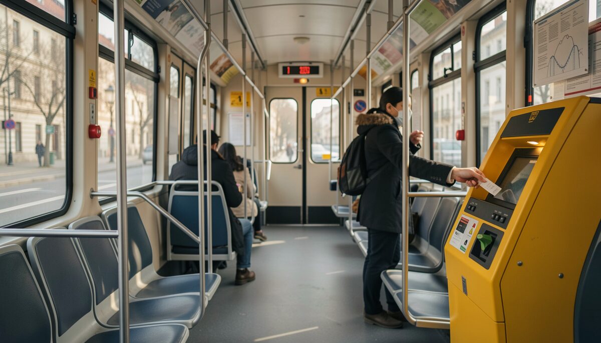 Interior of a Prague tram with a passenger validating a paper ticket. Illustrative image, generated with AI.
