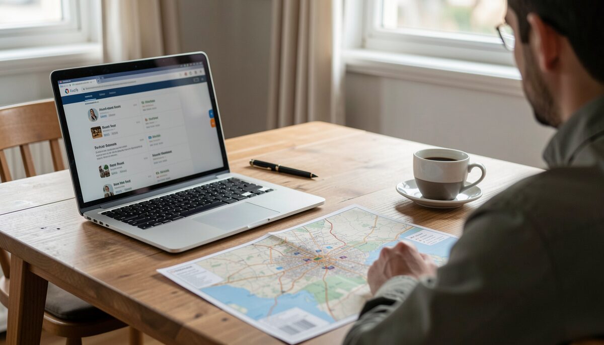 Traveler comparing hostel listings on a laptop beside a paper map and coffee cup. Illustrative image, generated with AI.