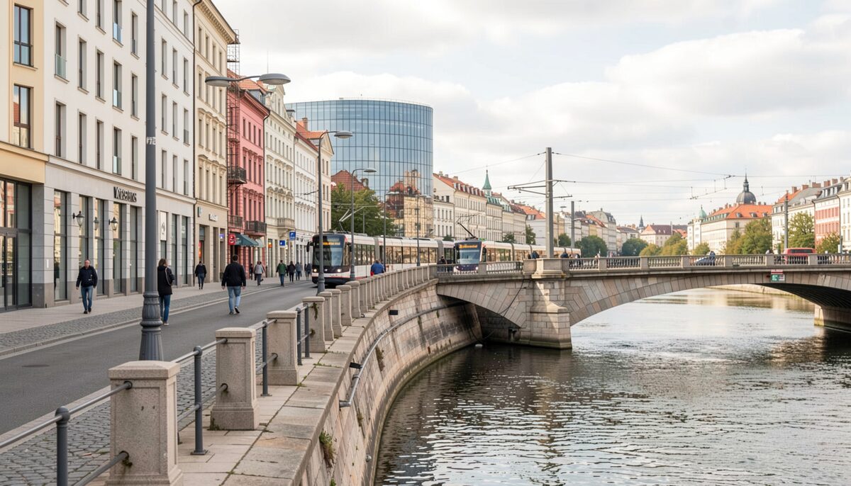 Modern commercial street in Prague Smichov near the river with trams and a shopping complex in the background. Illustrative image, generated with AI.