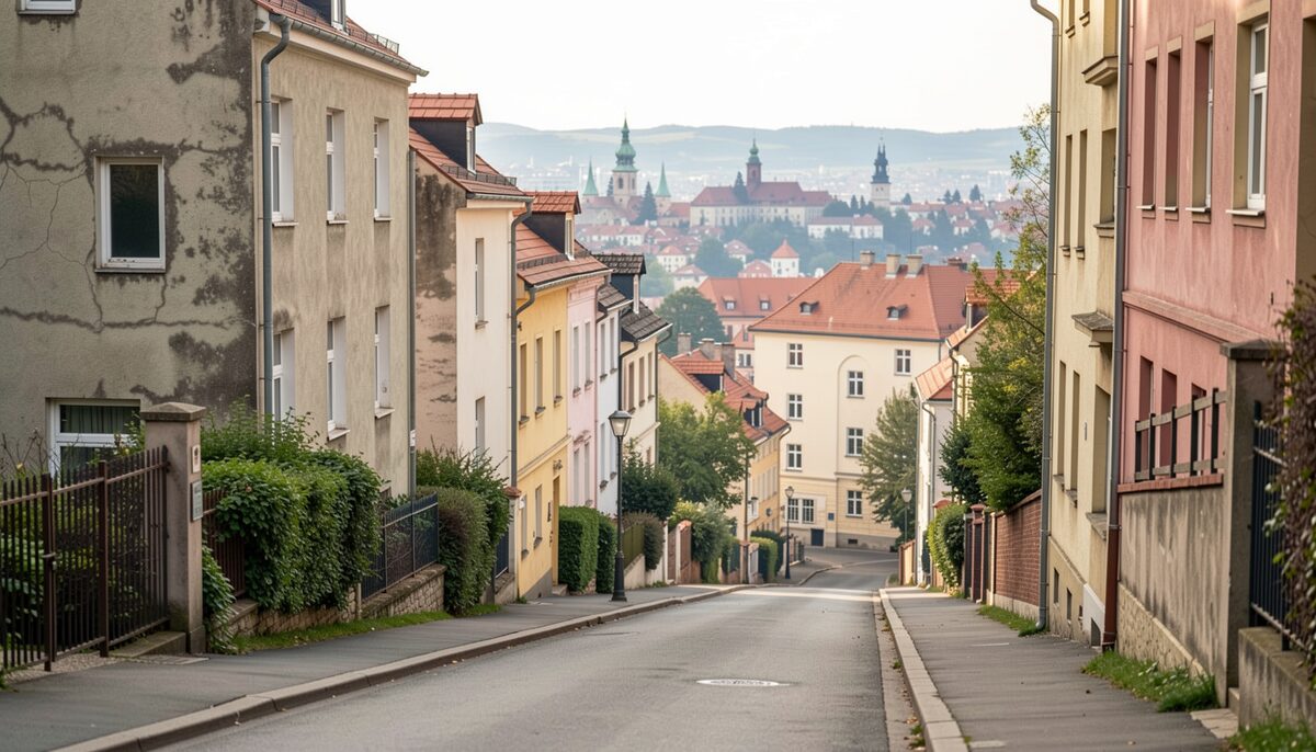 Hilly Prague residential street with older apartment buildings and a distant city view. Illustrative image, generated with AI.